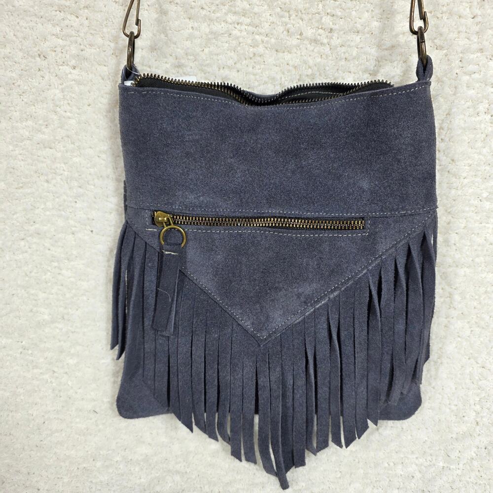Denim Blue Boho Fringe Crossbody Bag Suede Leather Handcrafted in Mexico